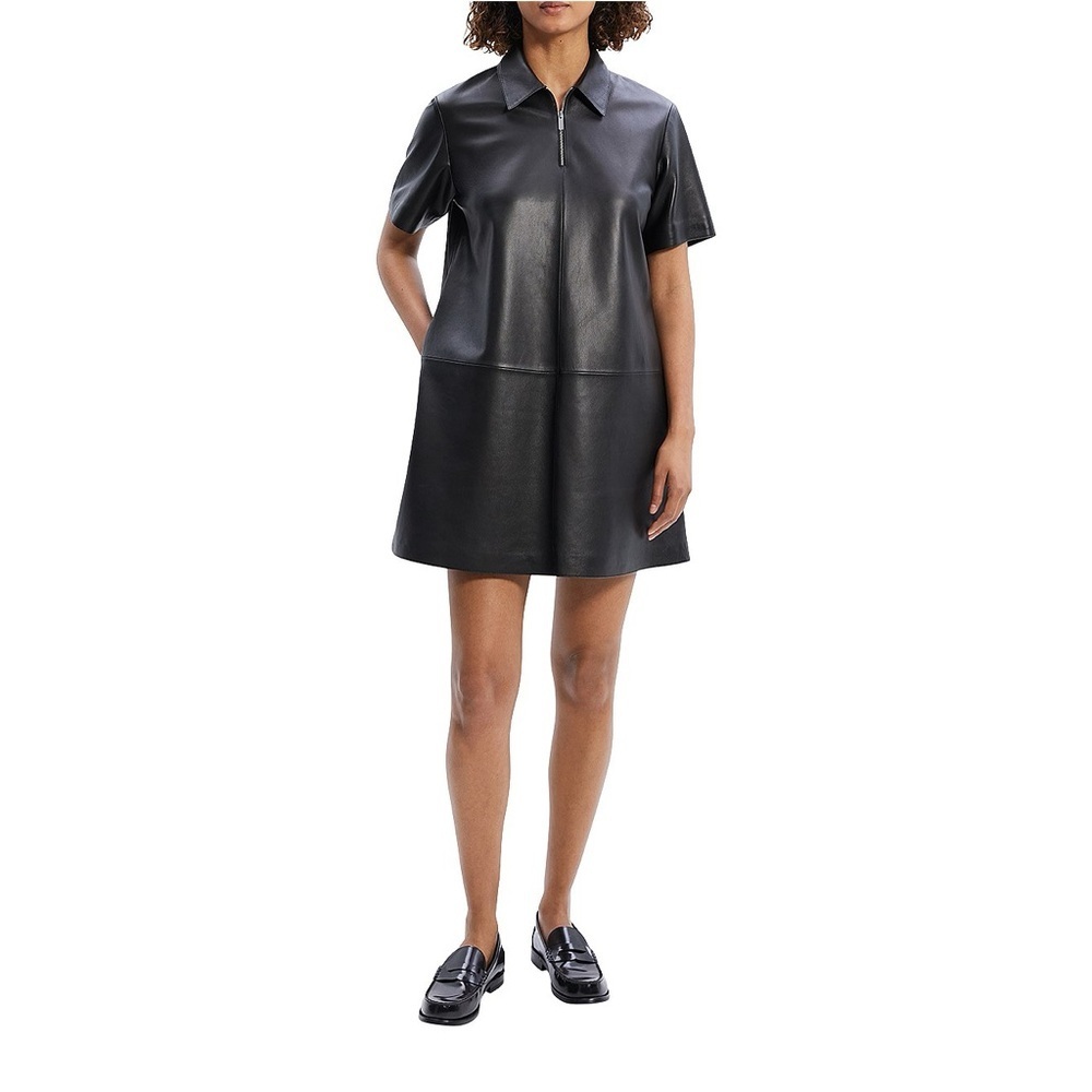 Theory Leather A-Line Knee-Length Black 100% Lamb Leather Dress NWOT